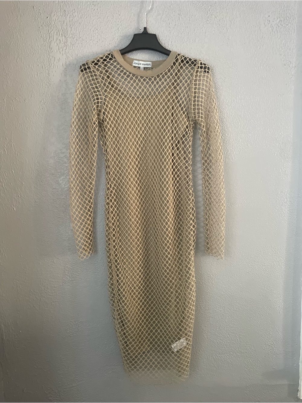 Almost Famous Beige Fishnet Long Sleeve Midi Dress